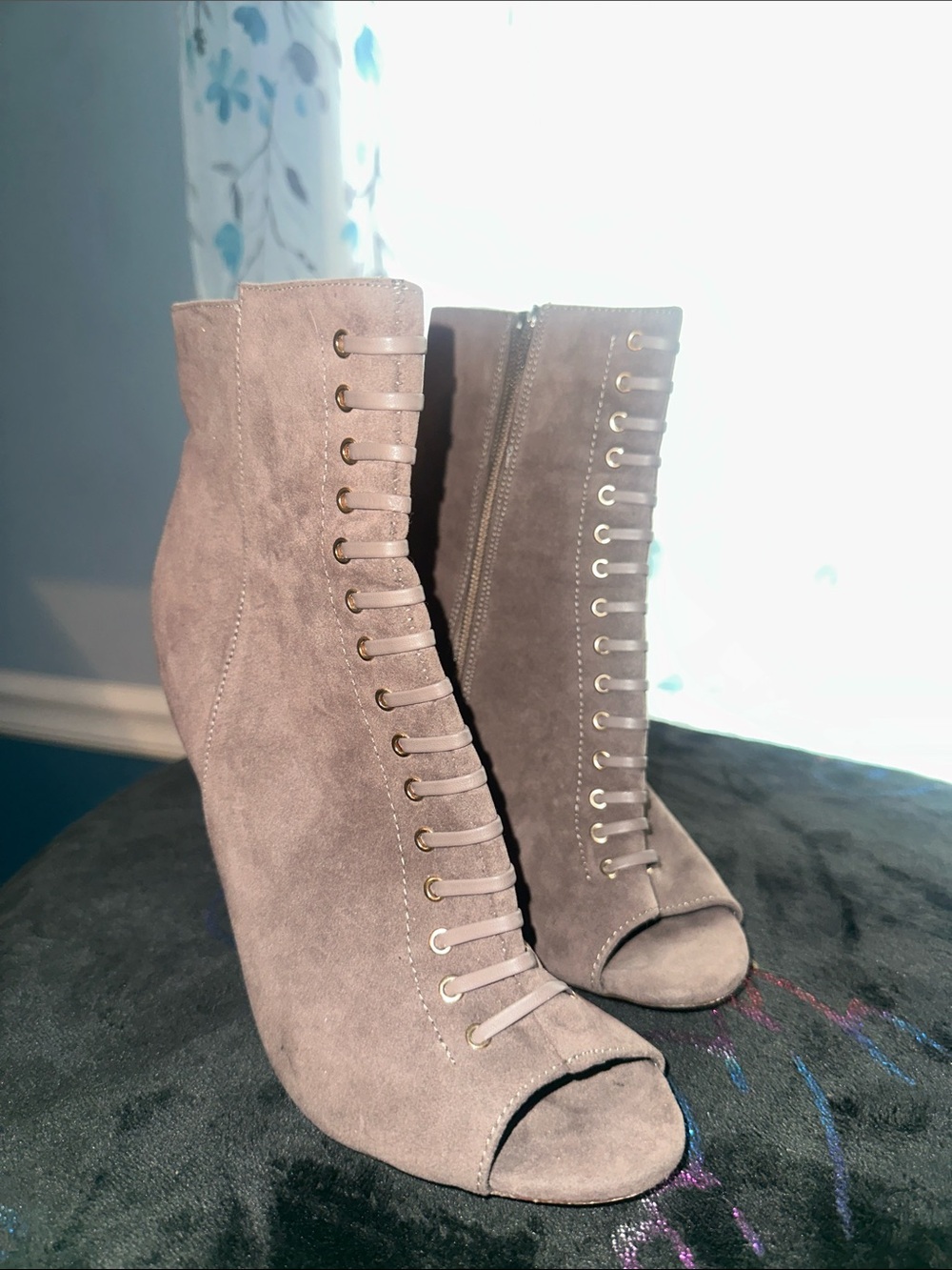 Liliana Taupe Suede Peep-Toe Lace-Up Wedge Booties. Most comfortable heels ever!
